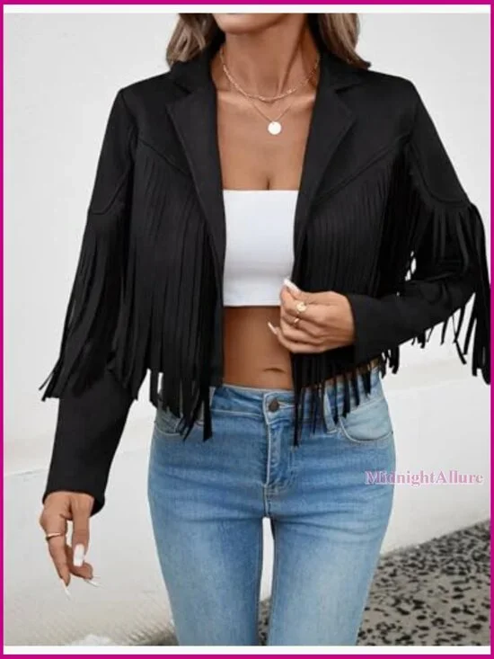 Faux Suede Cropped Jacket with Fringe Tassels, Western Style, Lined - Picture 3 of 7